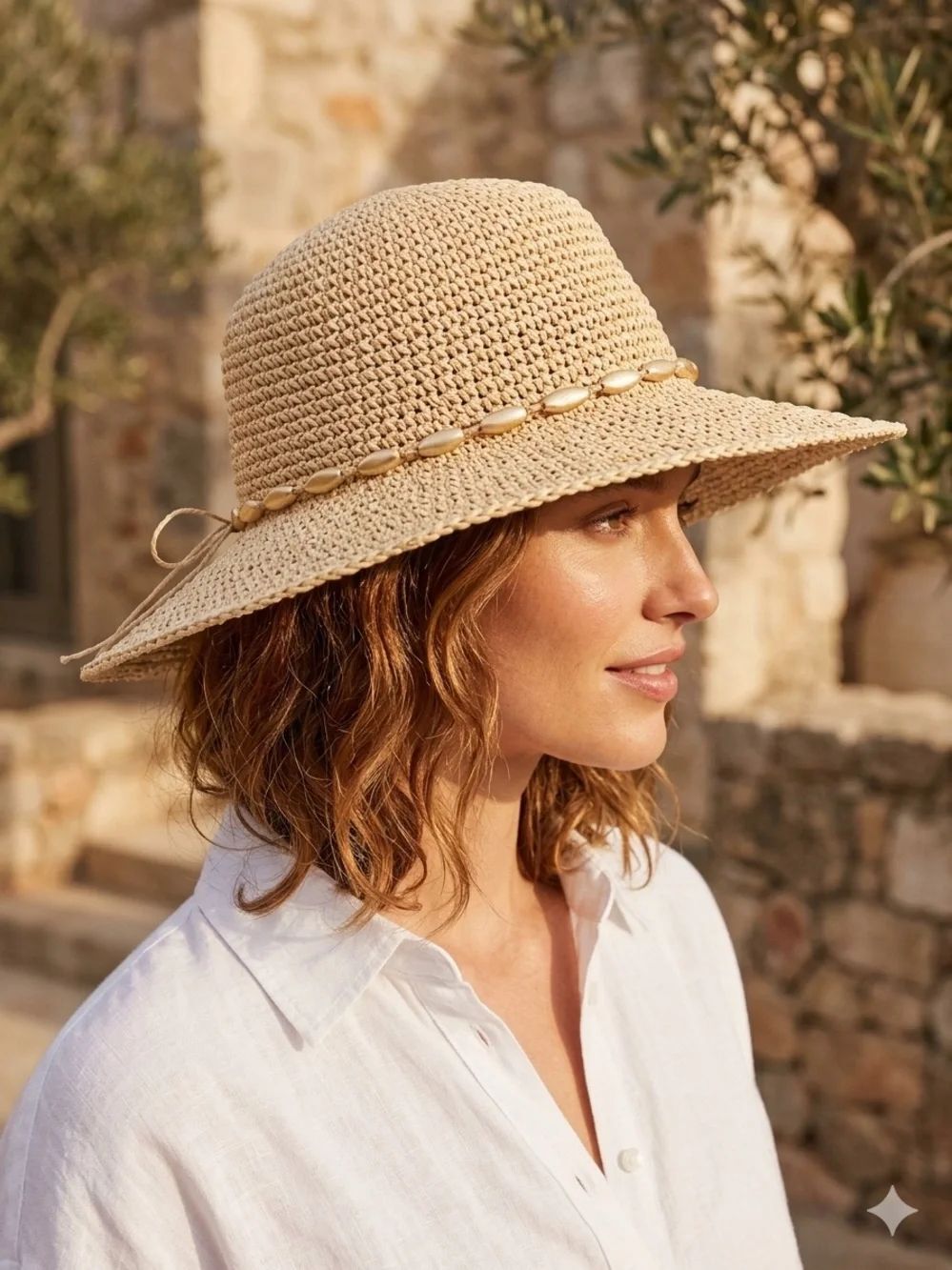 Straw Beach Sun Hat with Beaded Trim  Natural